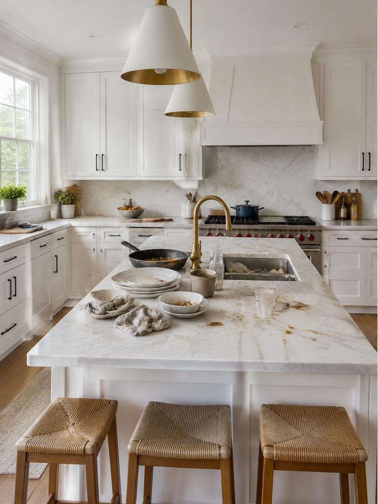 Illustrative kitchen before cleaning with dishes and countertop buildup