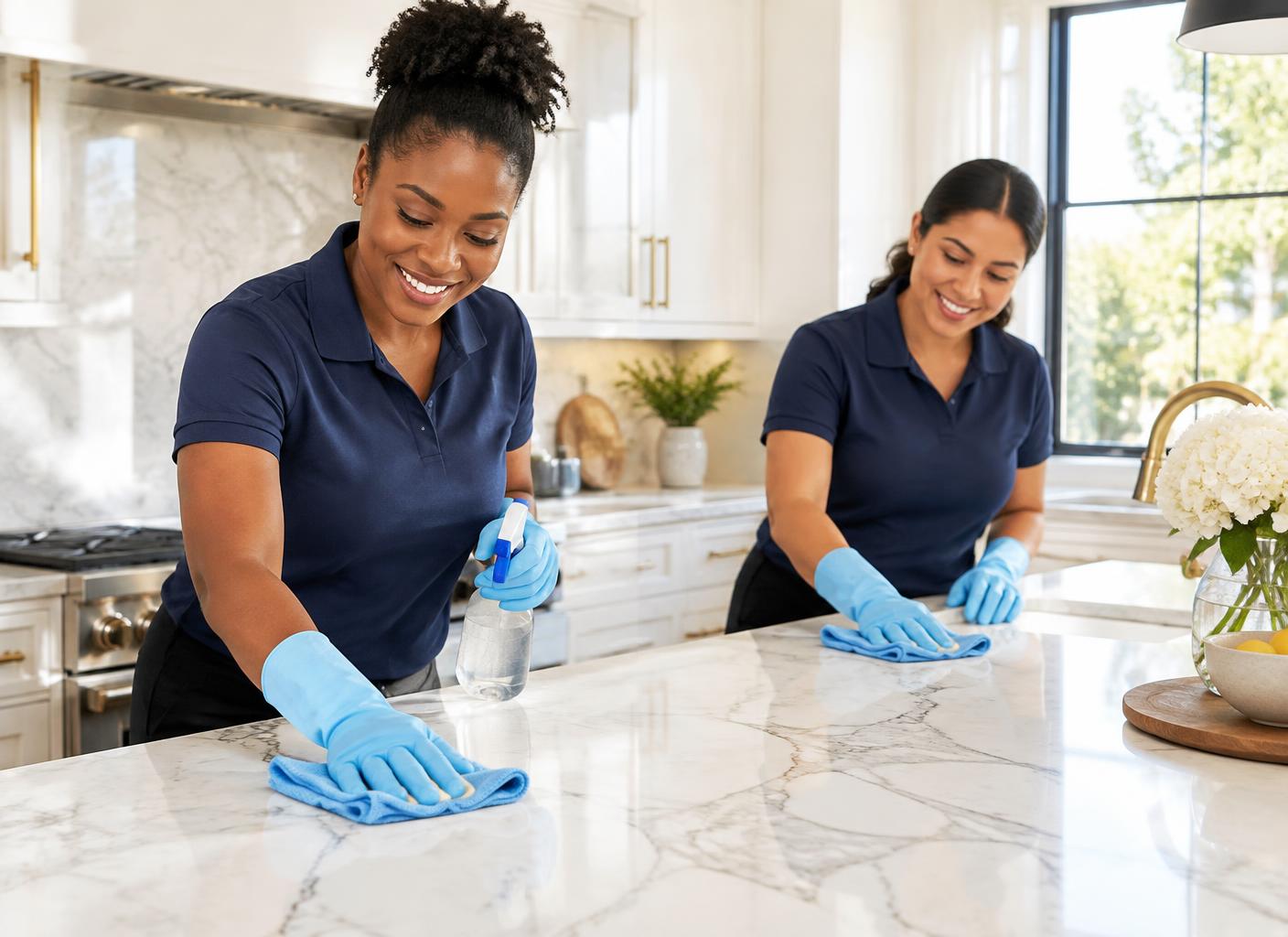 Professional cleaners carefully wiping a marble kitchen island